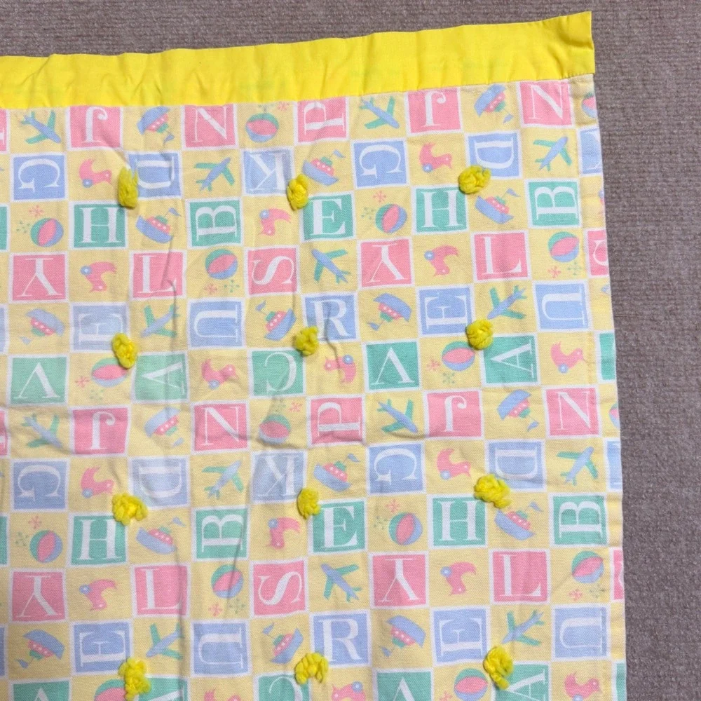 Vintage Handmade Baby Quilt Alphabet Block Pastel Plaid Yellow Ruffle Trim 45x45